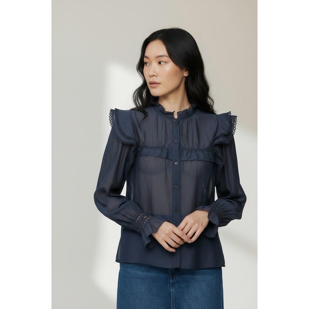 Isabel Marant Étoile Gilatedy Lace Smocked Cotton Blouse Navy Size 42/US 10